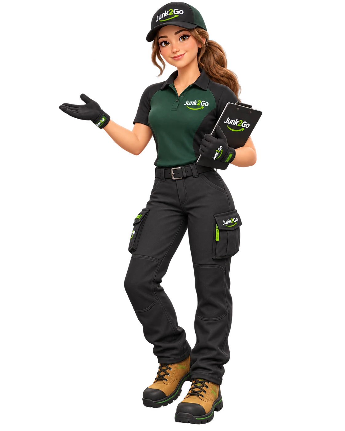 Friendly Junk2Go female ambassador presenting answers to common service questions